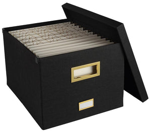 Black Foldable File Storage Box with Lid, Gold Accents, and Metal Rods for Legal or Letter size hanging files - Stylish and Functional File Organizer for Office and Home - Hanging File Storage Box
