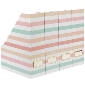 Load image into Gallery viewer, Set of 4 Foldable Magazine Holders in Pastel Stripes – Sturdy Cardboard Vertical Organizers with Label Holders
