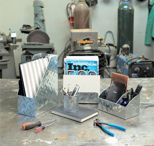 Load image into Gallery viewer, Blu Monaco Chrome Desk Organizer for Men - 4 Piece Desktop Organizer and Accessories Set - Letter - Mail Organizer, Sticky Note Holder, Pen Cup, Magazine File Holder - Galvanized - Chrome Finish
