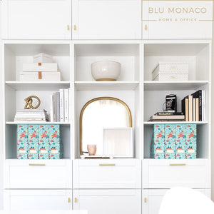 Load image into Gallery viewer, BLU MONACO Floral Magazine Holder Cute Set of 4 Foldable Magazine File Boxes Aqua Floral Pattern with Gold Label Holder- Magazine Rack Desk Organizer, Binder Holder, Vertical File Folder Organizer
