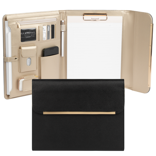 Portfolio Binder - Black Leather Padfolio for Women - Leather Portfolio Folder with Gold Trim - Portfolio Organizer Notebook - Professional Binder Folio - Business Portfolio Case