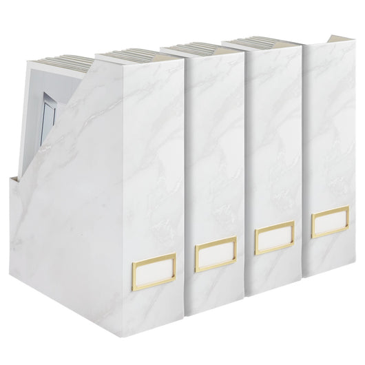 BLU MONACO Set of 4 Elegant Magazine Holders with White Marble Design and Gold Label Holders - Perfect File Holder for Desk, Magazine Storage for Home Office, and Classroom Organization and Storage