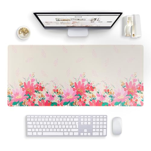 Cream Floral Desk Mat Large Computer Mat - 35 x 15.7 Mouse Pad Large Pretty Pink Desk Mat - Waterproof Computer Desk Mat - Accessories for Women Desk Cute Desktop Mat Extra Large Desk Pad