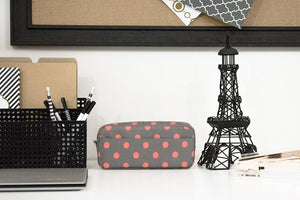 Load image into Gallery viewer, BLU MONACO Sleek and Chic: Grey with Pink Polka Dot Makeup Bag for Women - Stylish Compact Cosmetic Organizer and Travel Pouch - Personal Toiletry Bag - Small Cute Makeup Case for Purse or Bag
