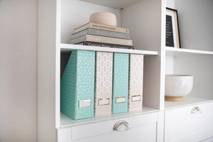 Load image into Gallery viewer, BLU MONACO Set of 4 Foldable Cute Magazine File Holders with Gold Label Holders - 2 Pink and 2 Aqua with Fun Gold Geometric Patterns - Stylish and Durable Magazine Storage for Home and Office

