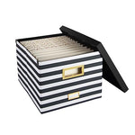 Load image into Gallery viewer, Black and White Striped Foldable File Storage Box with Lid, Gold Accents, and Black Metal Rods - Stylish and Functional File Organizer for Letter and Legal-Size Hanging File Folders - Office Storage
