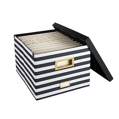 Black and White Striped Foldable File Storage Box with Lid, Gold Accents, and Black Metal Rods - Stylish and Functional File Organizer for Letter and Legal-Size Hanging File Folders - Office Storage