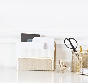 Load image into Gallery viewer, Gold Mail Organizer for Desk - Mail Holder Countertop - Letter Organizer - Gold Metal Mesh Letter Sorter

