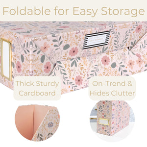 Foldable Magazine File Set of 4 with Floral Boho Design – Decorative Cardboard Magazine Organizer for Home, Office & Dorm Room