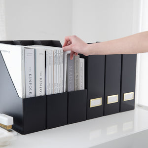 BLU MONACO Foldable Black Magazine File Holder with Gold Label Holder - Set of 6 Cardboard Magazine File Boxes Desk File Organizer