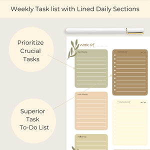 Earth Tones Weekly Notepad – To-Do List Pad with 52 Tear-Off Sheets – Natural Organizer with Calendar, Goals, and Priorities