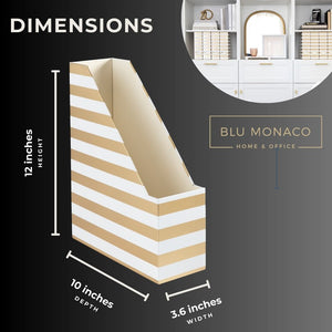 BLU MONACO Set of 4 Gold and White Striped Magazine File Boxes with Gold Label Holders - Ideal File Organizer Box for Desk Accessories, File Folder Holder, Office Supplies, and Book Organizer