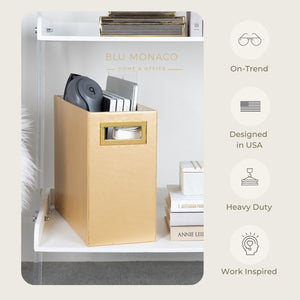 Load image into Gallery viewer, Gold Magazine Basket, Gold Magazine Holder, Gold Magazine Rack, Magazine Holder Floor, and Magazine Holder Bathroom Storage Décor Stylish Book Basket and Magazine Organizer - Narrow Basket Blu Monaco
