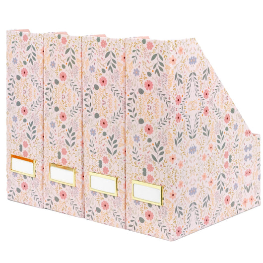 Foldable Magazine File Set of 4 with Floral Boho Design – Decorative Cardboard Magazine Organizer for Home, Office & Dorm Room