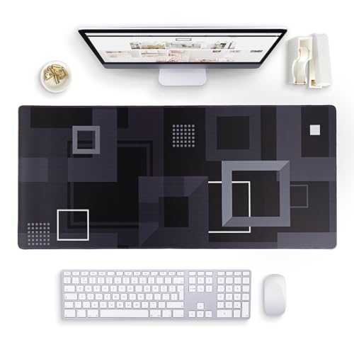 XL Desk Mat Gaming Mouse Pad - Waterproof Desk Pad for Desktop - Large Mouse Pad - Keyboard Mat 35 x 15.7 - Black, White, and Grey Modern Squares and Frames Design Computer Mat Blu Monaco