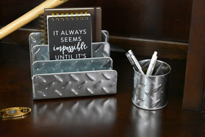 Load image into Gallery viewer, Blu Monaco Chrome Desk Organizer for Men - 4 Piece Desktop Organizer and Accessories Set - Letter - Mail Organizer, Sticky Note Holder, Pen Cup, Magazine File Holder - Galvanized - Chrome Finish
