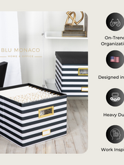 Load image into Gallery viewer, Black and White Striped Foldable File Storage Box with Lid, Gold Accents, and Black Metal Rods - Stylish and Functional File Organizer for Letter and Legal-Size Hanging File Folders - Office Storage