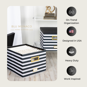 Black and White Striped Foldable File Storage Box with Lid, Gold Accents, and Black Metal Rods - Stylish and Functional File Organizer for Letter and Legal-Size Hanging File Folders - Office Storage