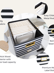 Load image into Gallery viewer, Black and White Striped Foldable File Storage Box with Lid, Gold Accents, and Black Metal Rods - Stylish and Functional File Organizer for Letter and Legal-Size Hanging File Folders - Office Storage