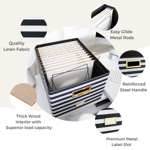 Black and White Striped Foldable File Storage Box with Lid, Gold Accents, and Black Metal Rods - Stylish and Functional File Organizer for Letter and Legal-Size Hanging File Folders - Office Storage