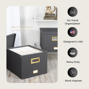 Load image into Gallery viewer, Grey Foldable File Storage Box with Lid, Gold Accents, and Metal Rods - Stylish Organizer for Letter and Legal-Size Hanging File Folders - Portable Office Storage Solution and Decorative File Tote
