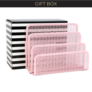 Load image into Gallery viewer, Pink Metal Mesh Letter Sorter – 3-Slot Mail Organizer for Desk, Office &amp; Home

