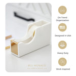 Load image into Gallery viewer, Acrylic Cute White and Gold Tape Dispenser – Sleek Desktop Tape Cutter for Office &amp; Home – Smooth Cutting Blade &amp; Non-Slip Base – Fits Standard &amp; Large Rolls
