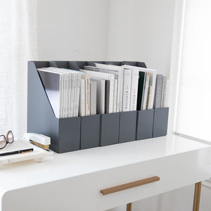 Load image into Gallery viewer, BLU MONACO Foldable Grey Magazine File Holder with Gold Label Holder - Set of 6 Cardboard Magazine File Boxes Desk File Organizer
