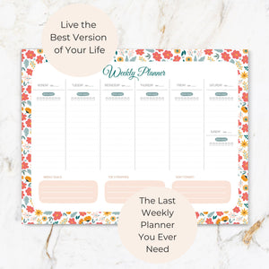 Floral Weekly Planner Notepad – Weekly To-Do List with Water Tracker and 52 Tear-Off Sheets – Bright Floral Planner Pad with Calendar, Goals, and To-Do Lists