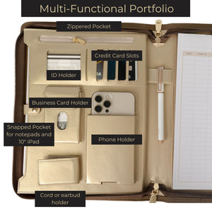 Load image into Gallery viewer, BLU MONACO Brown Vegan Leather Portfolio Binder for Women - Professional Padfolio Work Organizer with Gold Trim, Zippered Business Case for Documents
