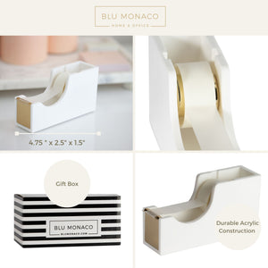 Load image into Gallery viewer, Acrylic Cute White and Gold Tape Dispenser – Sleek Desktop Tape Cutter for Office &amp; Home – Smooth Cutting Blade &amp; Non-Slip Base – Fits Standard &amp; Large Rolls
