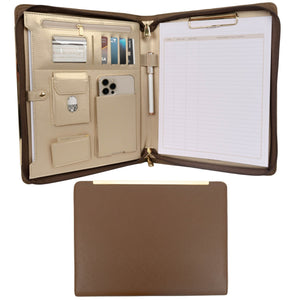 Load image into Gallery viewer, BLU MONACO Brown Vegan Leather Portfolio Binder for Women - Professional Padfolio Work Organizer with Gold Trim, Zippered Business Case for Documents
