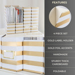 Load image into Gallery viewer, BLU MONACO Set of 4 Gold and White Striped Magazine File Boxes with Gold Label Holders - Ideal File Organizer Box for Desk Accessories, File Folder Holder, Office Supplies, and Book Organizer
