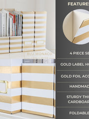 Load image into Gallery viewer, BLU MONACO Set of 4 Gold and White Striped Magazine File Boxes with Gold Label Holders - Ideal File Organizer Box for Desk Accessories, File Folder Holder, Office Supplies, and Book Organizer
