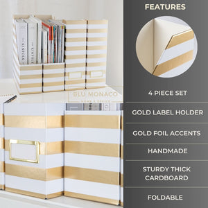 Load image into Gallery viewer, BLU MONACO Set of 4 Gold and White Striped Magazine File Boxes with Gold Label Holders - Ideal File Organizer Box for Desk Accessories, File Folder Holder, Office Supplies, and Book Organizer
