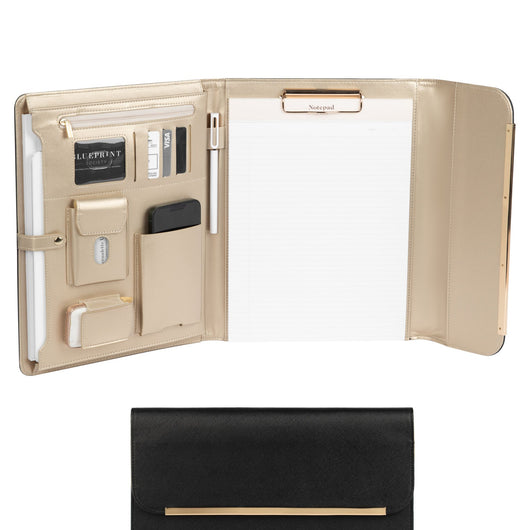 Portfolio Binder - Black Vegan Leather Padfolio for Women - Leather Portfolio Folder with Gold Trim - Portfolio Organizer Notebook - Professional Binder Folio - Business Portfolio Case by Blu Monaco