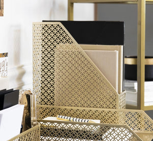 Load image into Gallery viewer, Riviera Gold Magazine File Holder - Decorative Magazine Holder for Desk - Metal Magazine Holders for Shelves - Magazine Organizer Bin - Book Holder and File Boxes
