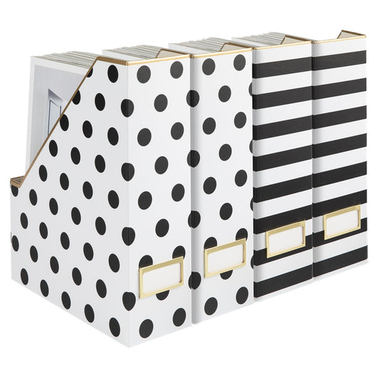 BLU MONACO Set of 4 Stylish Magazine File Boxes - 2 Black and White Stripes and 2 Polka Dots - Office Organization and Storage, Paper Organizer for Desk - Workspace and Classroom Organization