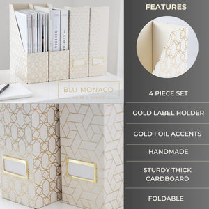 Load image into Gallery viewer, Magazine Holders White Magazine Holder - Set of 4 Gold Magazine Holders with Cream Woven Design Vintage Magazine Holder - Magazine File Holder Organizer Box - Book Bins Magazine File Box Office Décor
