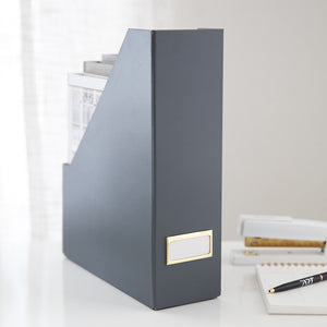 Load image into Gallery viewer, BLU MONACO Foldable Grey Magazine File Holder with Gold Label Holder - Set of 6 Cardboard Magazine File Boxes Desk File Organizer

