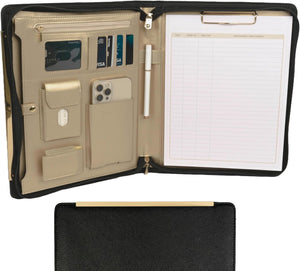 Portfolio Binder - Black Vegan Leather Padfolio for Women - Leather Portfolio Folder with Gold Trim - Portfolio Organizer Notebook - Professional Binder Folio - Business Portfolio Case - Gold Zipper