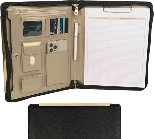 Portfolio Binder - Black Vegan Leather Padfolio for Women - Leather Portfolio Folder with Gold Trim - Portfolio Organizer Notebook - Professional Binder Folio - Business Portfolio Case - Gold Zipper