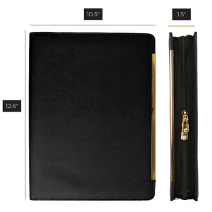 Portfolio Binder - Black Vegan Leather Padfolio for Women - Leather Portfolio Folder with Gold Trim - Portfolio Organizer Notebook - Professional Binder Folio - Business Portfolio Case - Gold Zipper