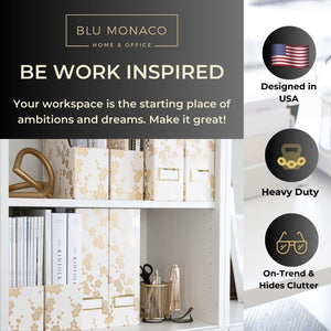 Load image into Gallery viewer, BLU MONACO Decorative Foldable Magazine Storage Boxes for Desk Set of 4 with Gold Floral Pattern and Gold Label Holder - Ideal Book Boxes or Vertical File Organizer Make Bookshelf Organization Easy
