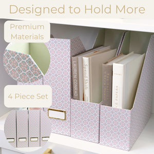 Foldable Magazine File Holder Set of 4 with Moroccan Tile Design – Decorative Cardboard Magazine Organizer for Home, Office & Dorm Room