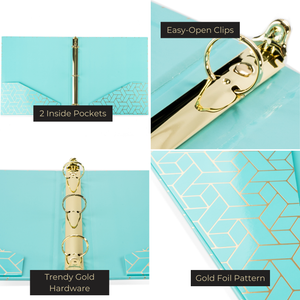 Geometric Gold Foil Aqua Binder 3 Ring - Set of 2-1 Inch Binders 3 Ring - 3 Ring Binders - 3 Ring Binders 1 Inch, Three Ring Binder - Cute Binder - Pastel Binder Aqua - 3 Hole Cute Binders