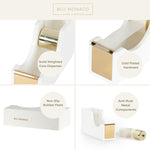 Load image into Gallery viewer, Acrylic Cute White and Gold Tape Dispenser – Sleek Desktop Tape Cutter for Office &amp; Home – Smooth Cutting Blade &amp; Non-Slip Base – Fits Standard &amp; Large Rolls
