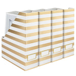 Load image into Gallery viewer, BLU MONACO Set of 4 Gold and White Striped Magazine File Boxes with Gold Label Holders - Ideal File Organizer Box for Desk Accessories, File Folder Holder, Office Supplies, and Book Organizer
