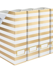 Load image into Gallery viewer, BLU MONACO Set of 4 Gold and White Striped Magazine File Boxes with Gold Label Holders - Ideal File Organizer Box for Desk Accessories, File Folder Holder, Office Supplies, and Book Organizer
