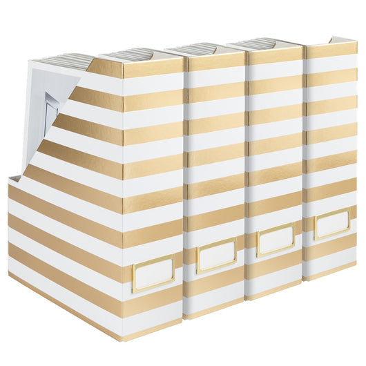 BLU MONACO Set of 4 Gold and White Striped Magazine File Boxes with Gold Label Holders - Ideal File Organizer Box for Desk Accessories, File Folder Holder, Office Supplies, and Book Organizer